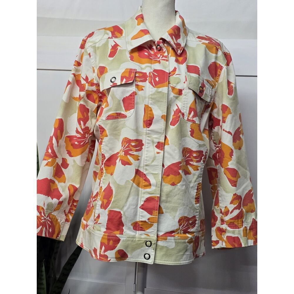 ADDITIONS CHICO'S 3 TRUCKER JACKET HIP MODERN VERSATILE FLORAL SNAP CLOSURE XL